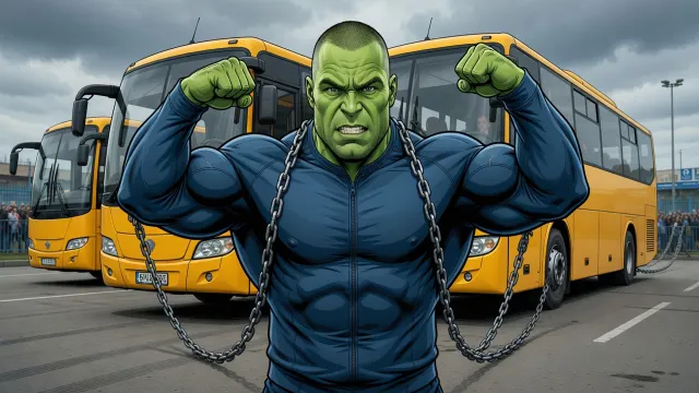 Русский Халк тащит три автобуса. Люберцы ждут рекорда!